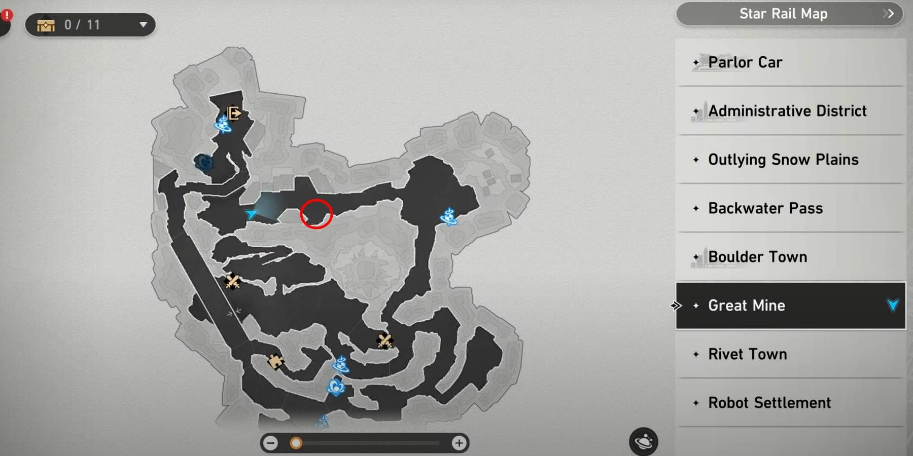 Honkai: Star Rail Great Mine Warp Trotter Location on Map Marked in Red Circle