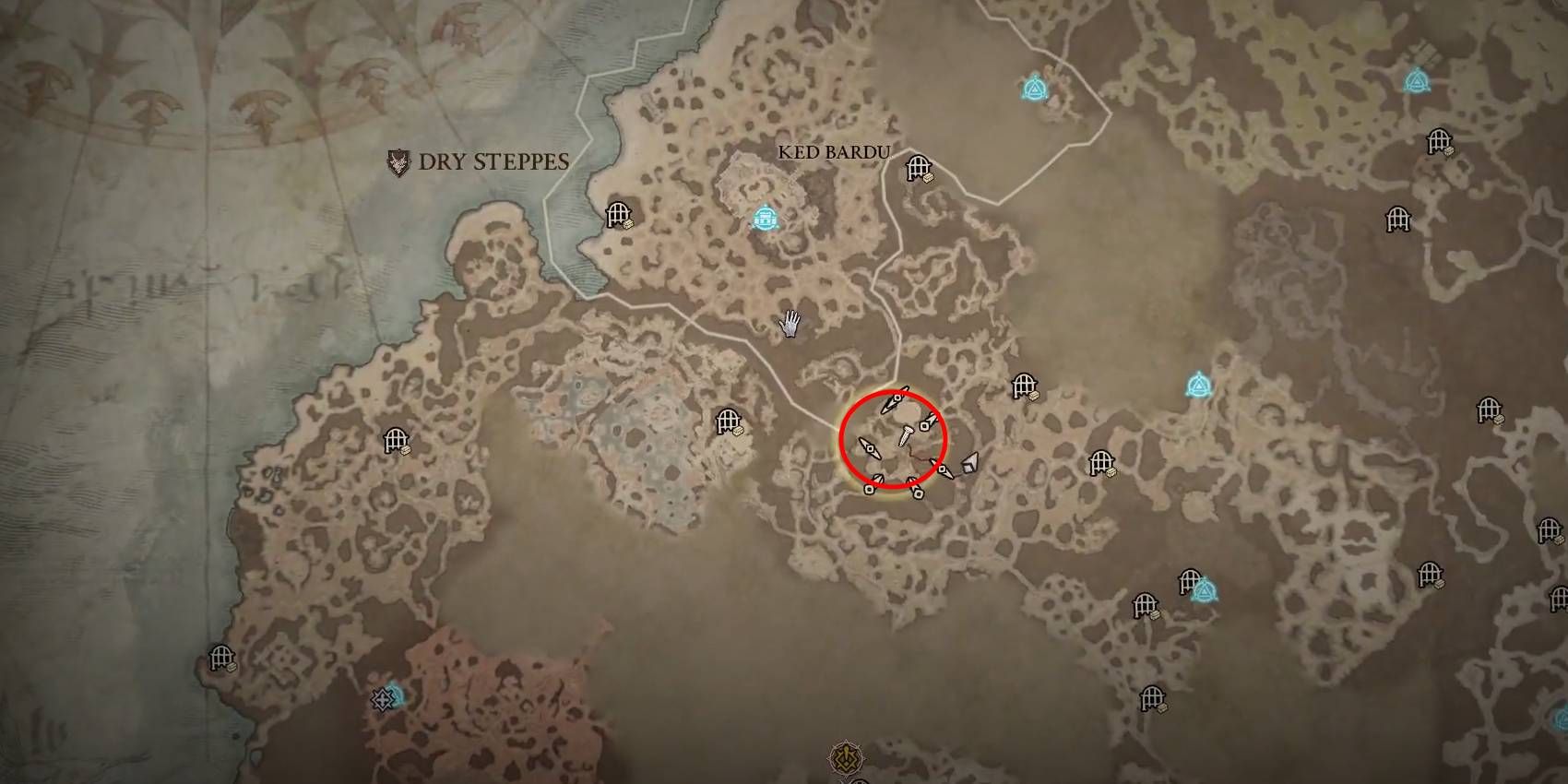 Diablo 4 Dry Steppes The Onyx Watchtower Stronghold Location on Map Marked by Red Circle