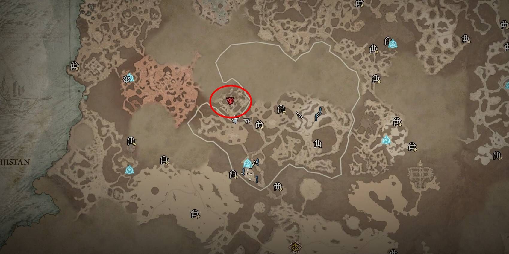 Diablo 4 Dry Steppes The Temple of Rot Stronghold Location on Map Marked by Red Circle