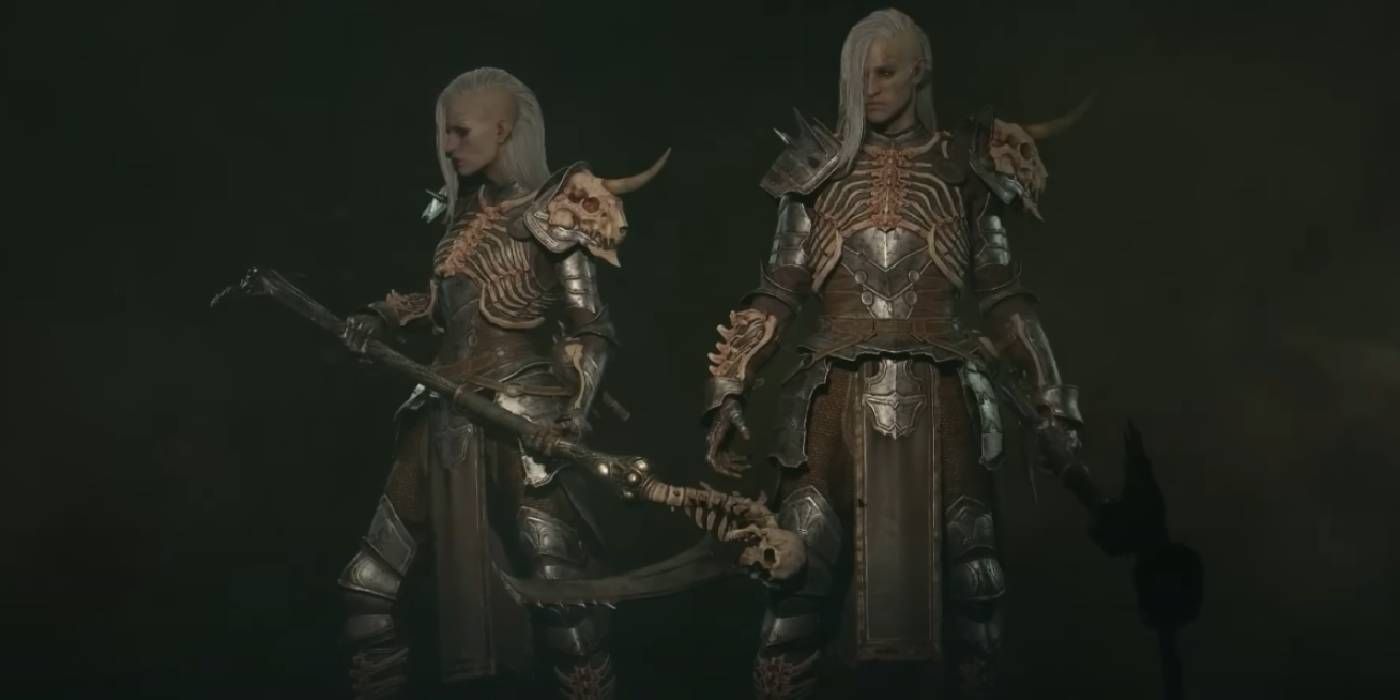 Diablo 4 Necromancer Class Armor and Scythe Weapon on Two Versions of Character