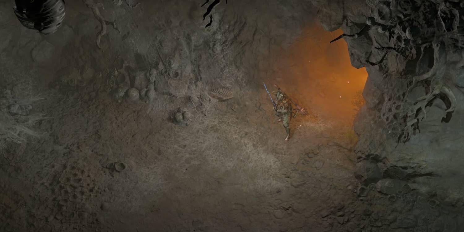 Diablo 4 Blind Burrows Dungeon Interior con personaje bárbaro