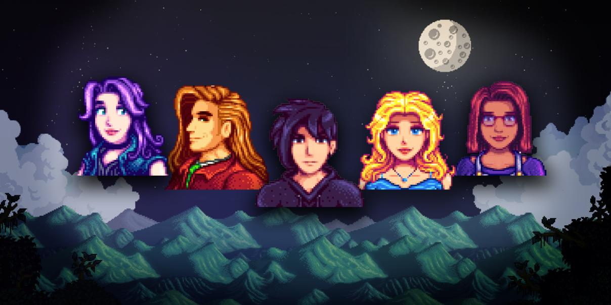 أيقونات لأبيجيل وإليوت وسيباستيان وهيلي ومارو من Stardew Valley على خلفية سماء الليل.