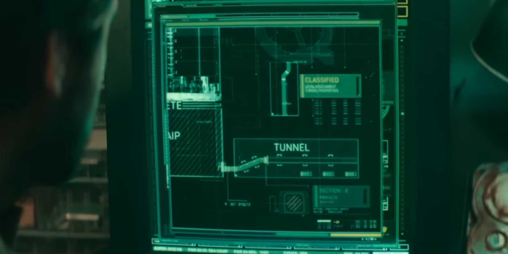 Silo Episode 1: George looks at the blueprints of the Silo, which show an underground tunnel system