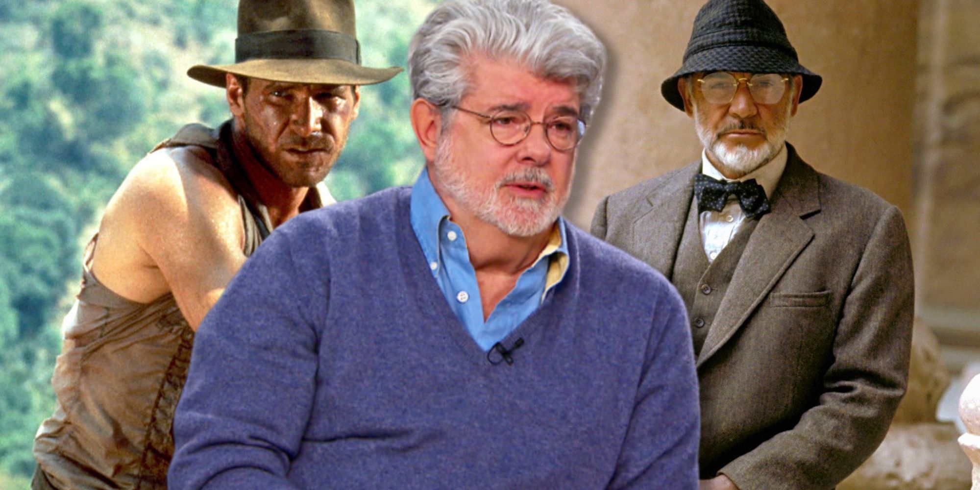 Composite image of Harrison Ford as Indiana Jones, George Lucas, and Sean Connery as Henry Jones Sr.