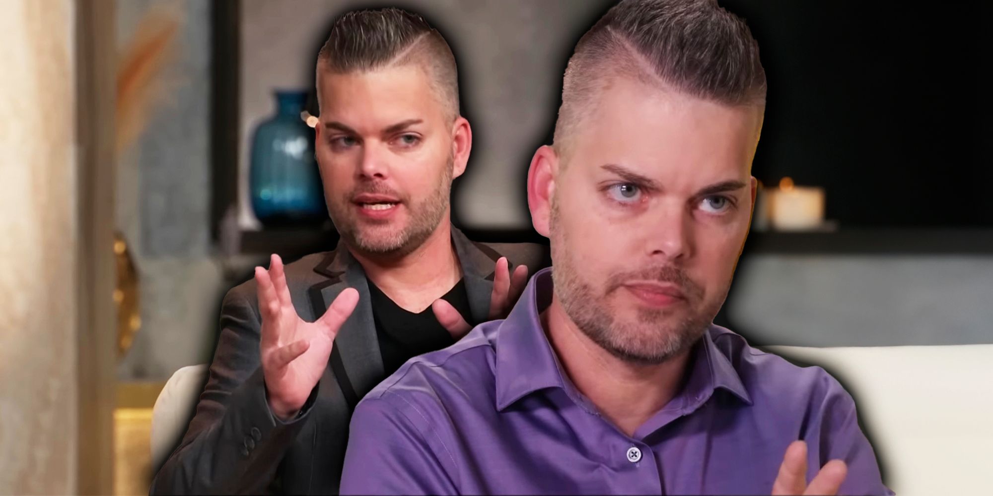 Montage of Tim Malcolm from 90 Day Fiance, wearing a purple shirt and darker outfit