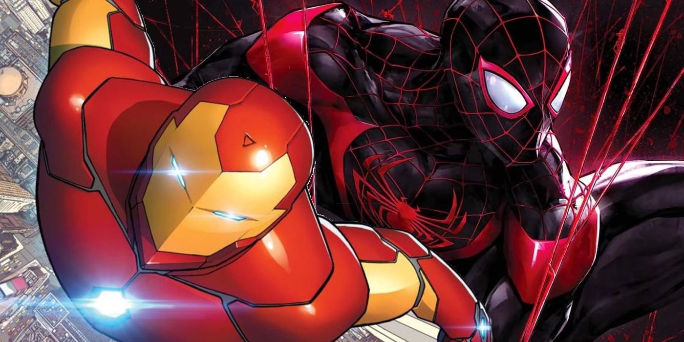 Iron Man flying next to a crouched Miles Morales