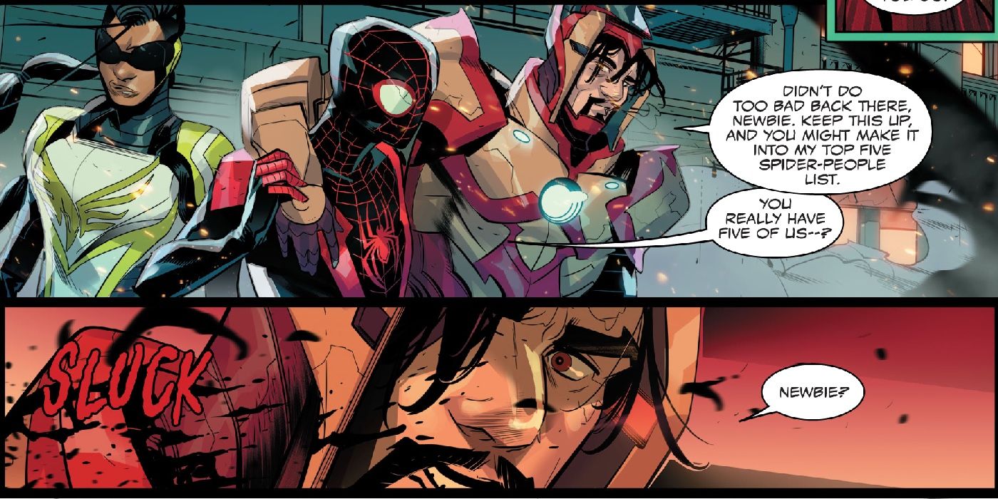 Miles helps Iron Man walk before being stabbed by the Extrembiote