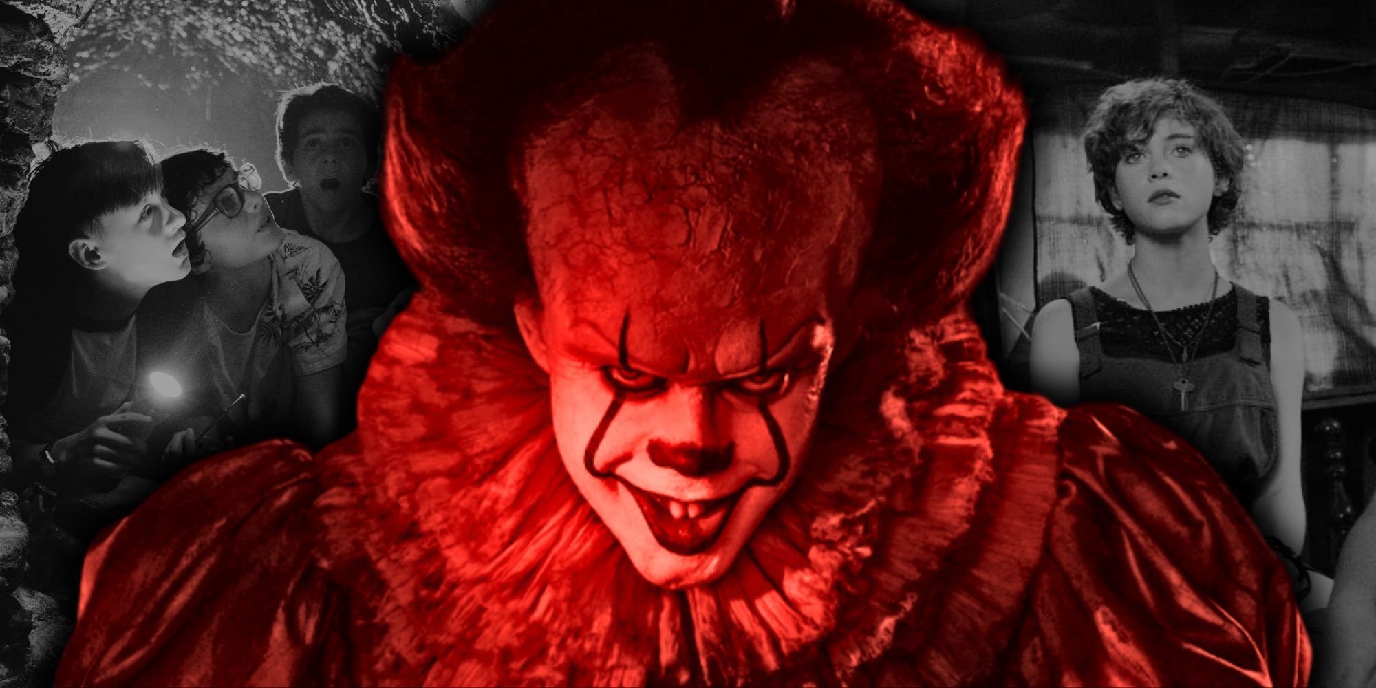 Composite image of Pennywise in front of the Losers Club from IT