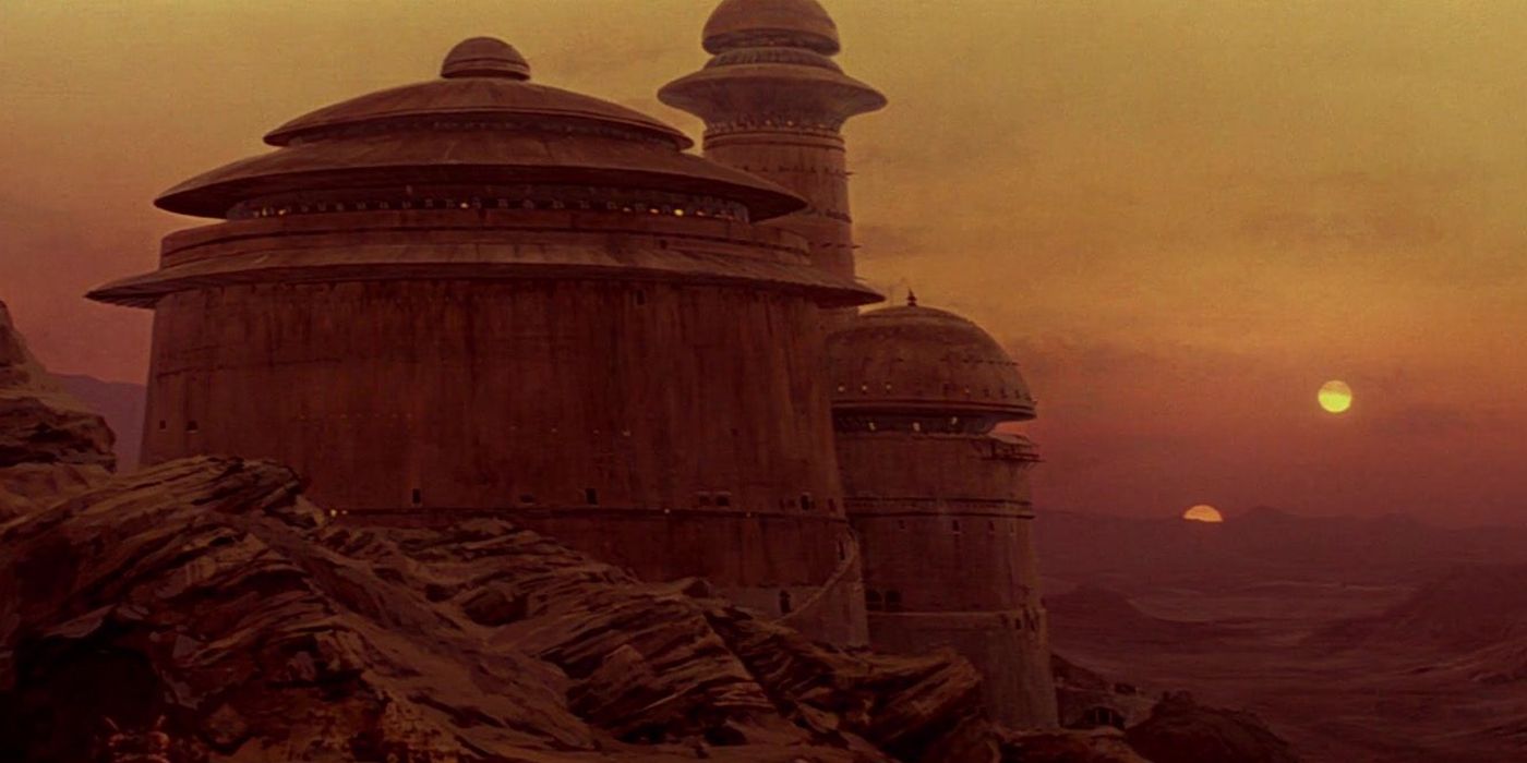 Jabba's Palace on Tatooine with the planet's twin suns setting in the distance