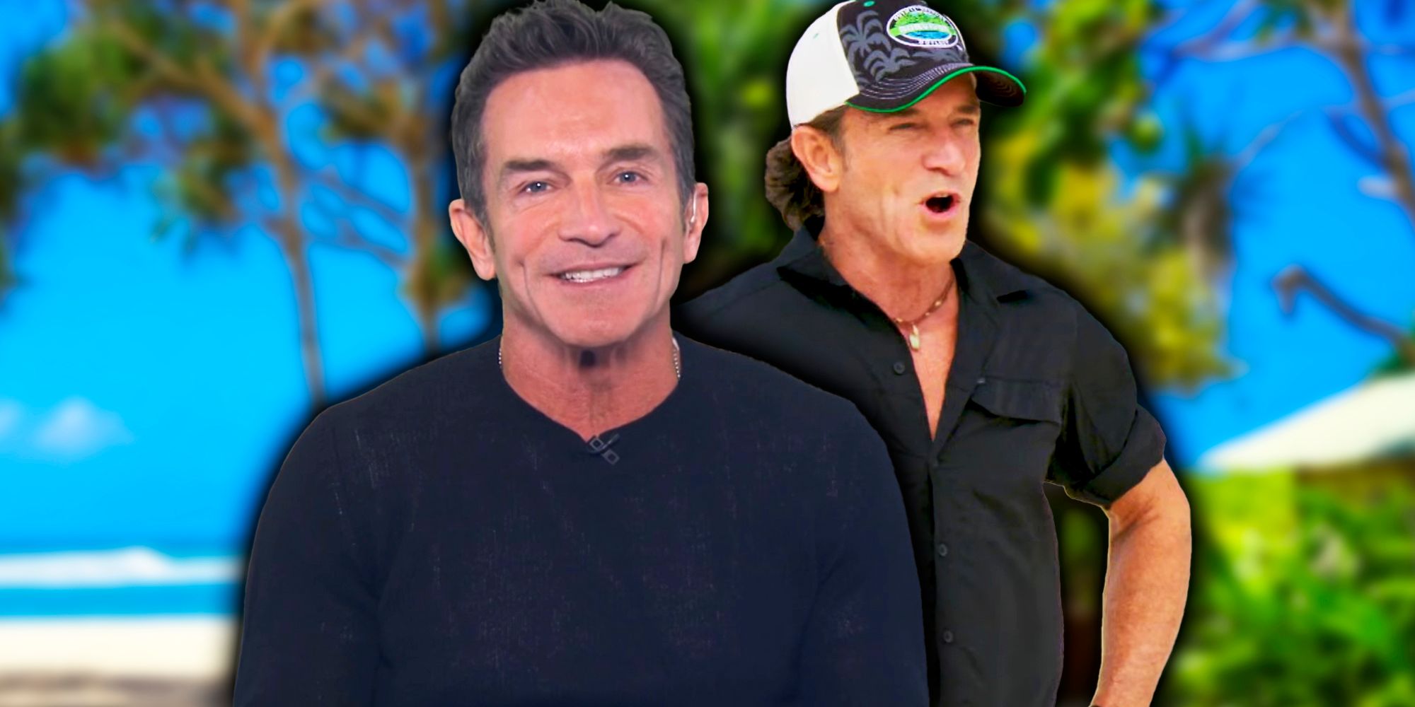 jeff probst survivor montage with island background different expressions