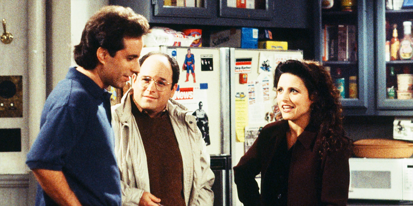 Jerry, George y Elaine hablan en la cocina de Jerry en Seinfeld.