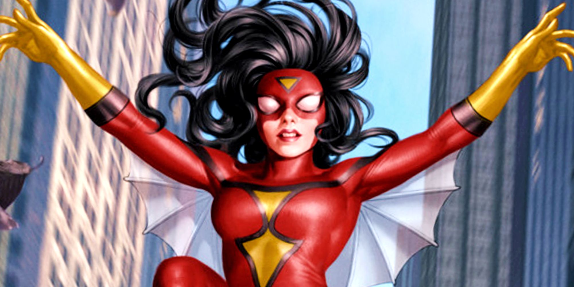Jessica Drew as Spider-Woman, spreading her arms wide as she soars through a city.