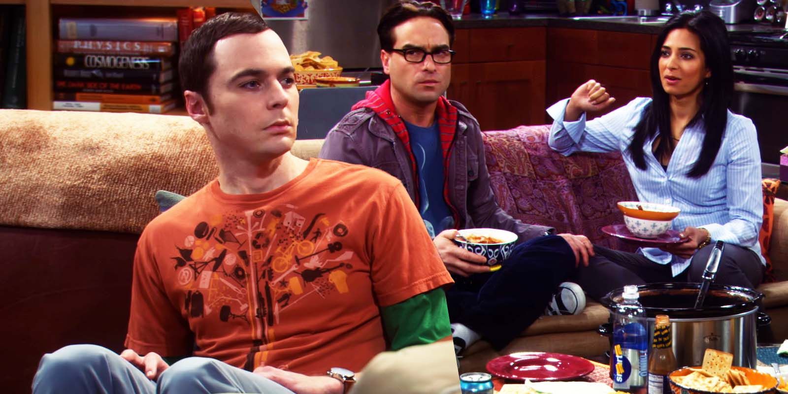 Jim Parsons as Sheldon Cooper, Johnny Galecki as Leonard Hofstader and Aarti Mann as Priya Koothrappali in The Big Bang Theory season 4, episode 17