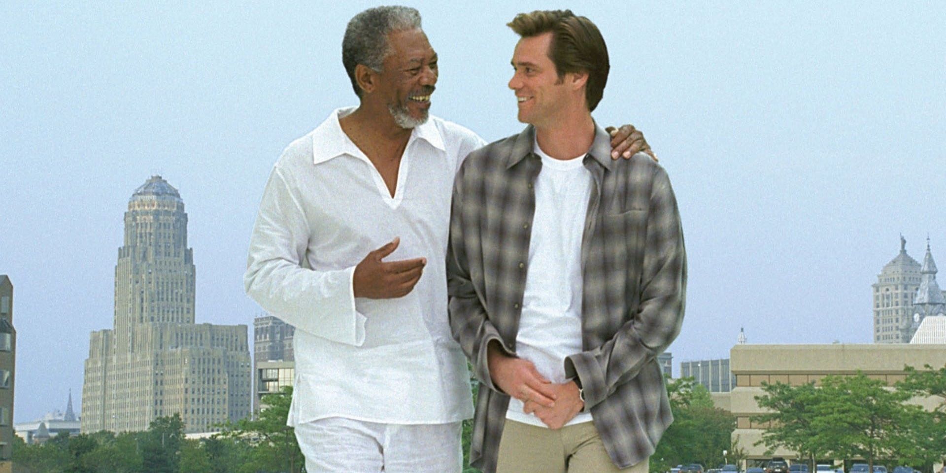 Jim Carrey and Morgan Freeman walking on the ocean in Bruce Almighty