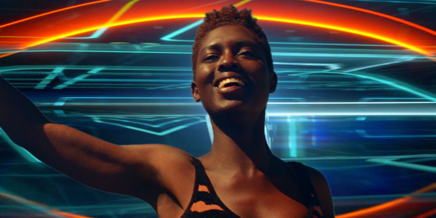Jodie Turner-Smith in Front of a Tron Legacy Background