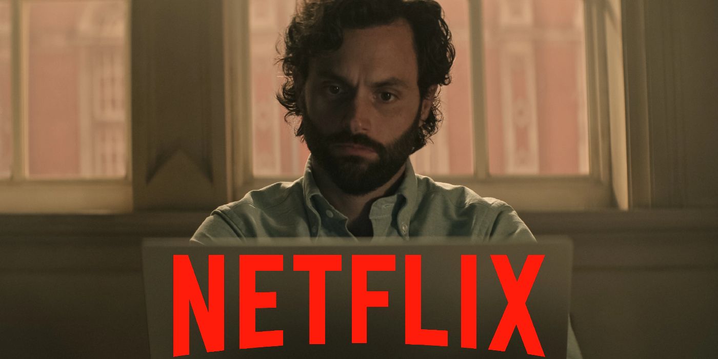 Joe Goldberg from You Looking at a Computer with the Netflix Logo