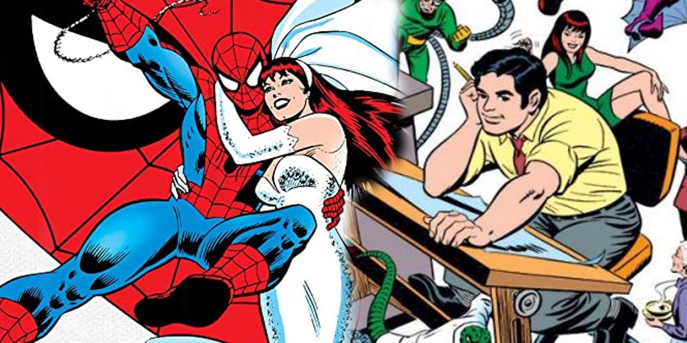 Homem-Aranha e Mary Jane no dia do casamento (à esquerda) e uma versão ilustrada de John Romita Sr. em sua mesa (à direita).