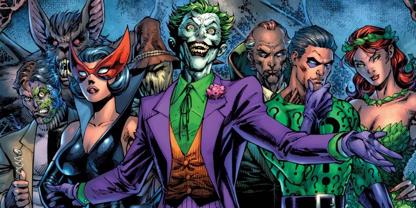 Comic book art: the Joker surrounded by Batman Villains in DC comics