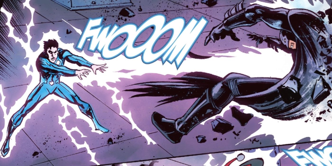 Jon Kent uses his electric powers against Injustice Batman