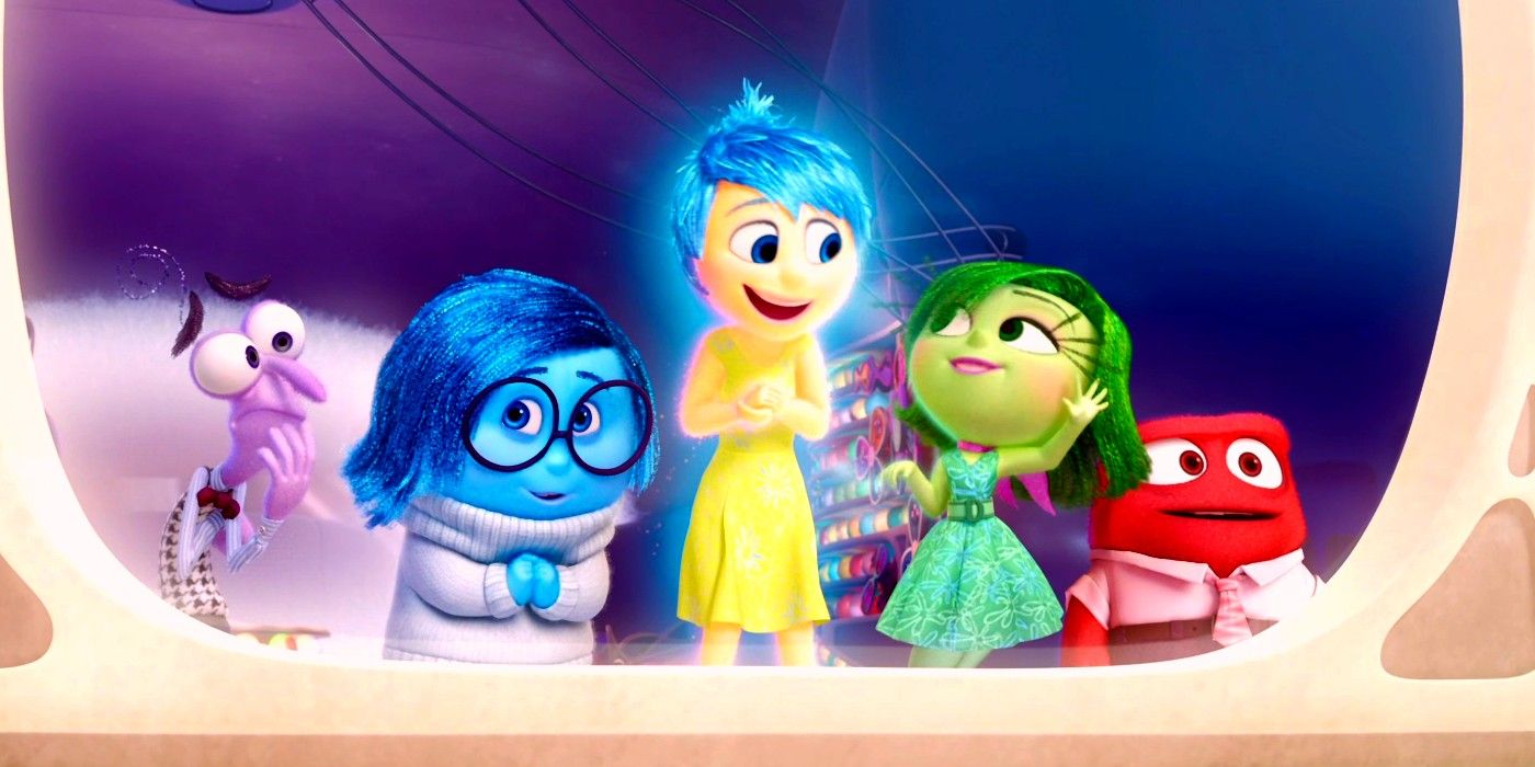 Joy and the emotions of Inside Out looking out a window