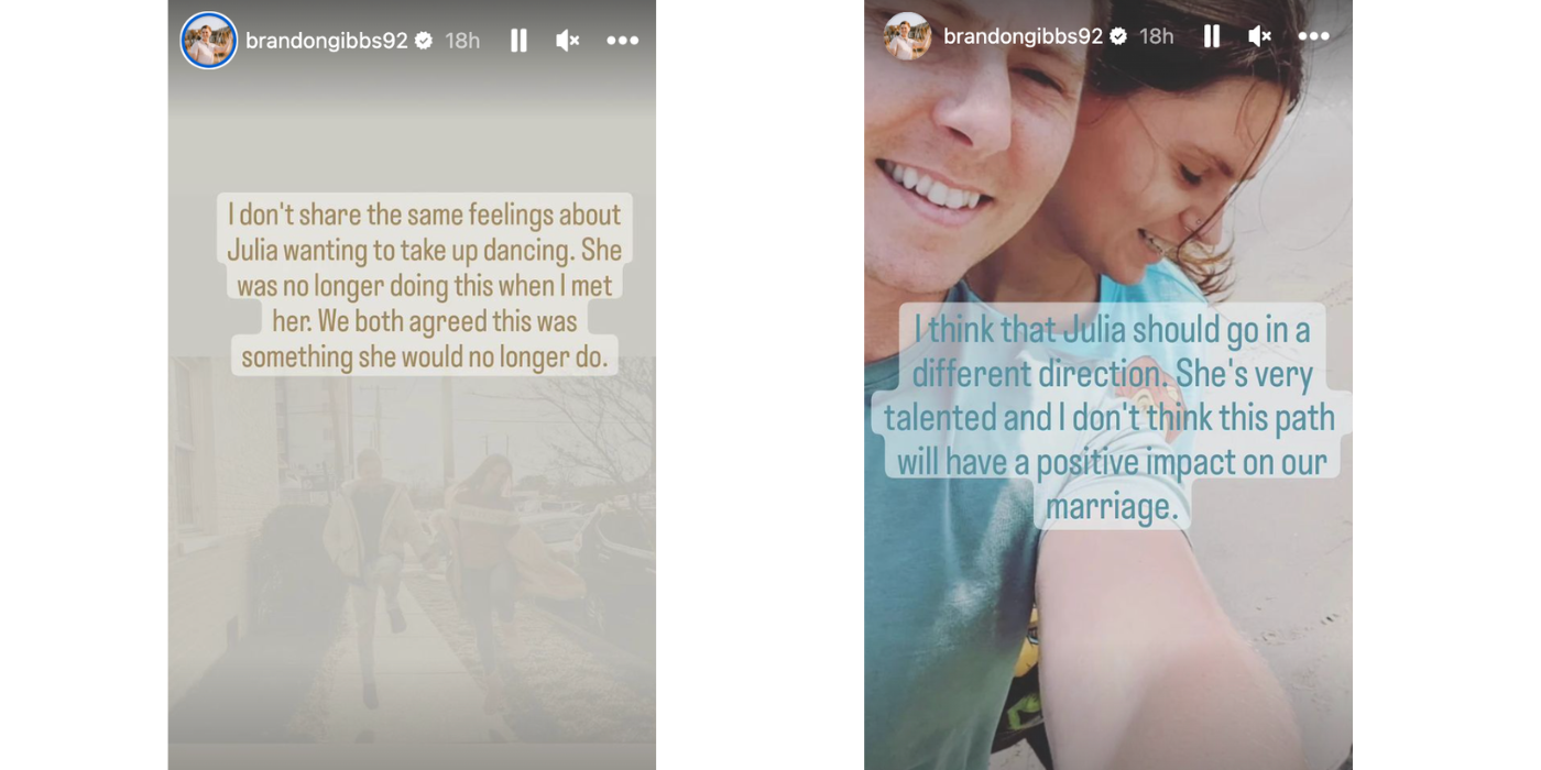 90 Day Fiance star Brandon Gibbs' Instagram Story about Julia&rsquo;s dancing