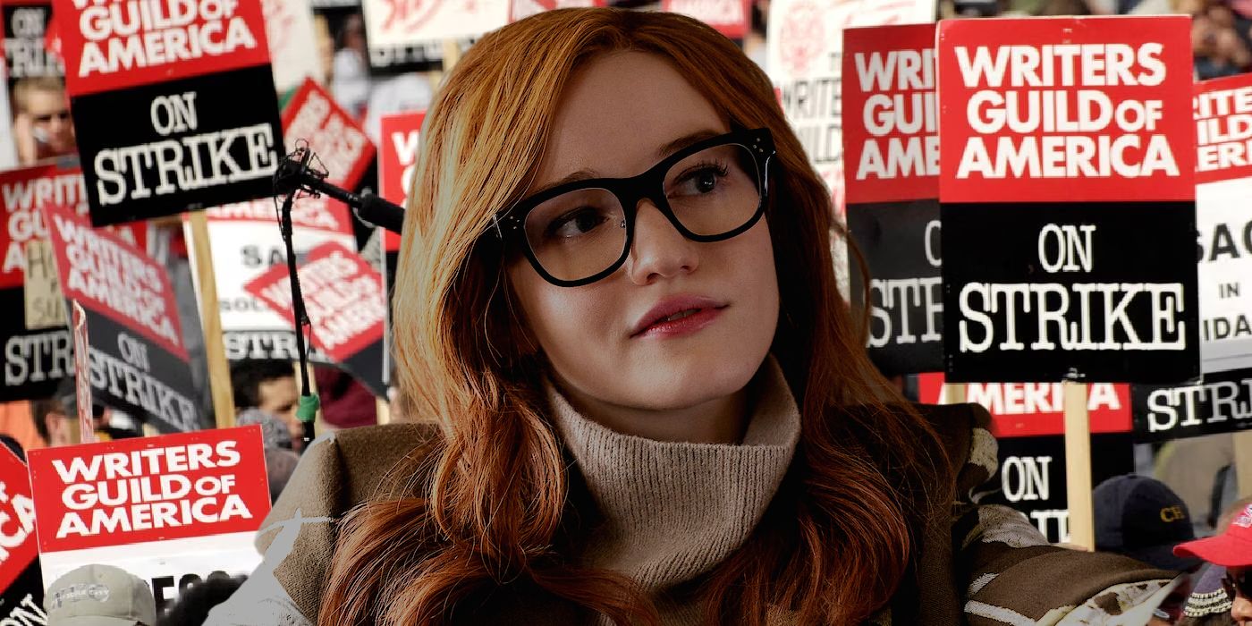 Julia Garner as Anna Delvey in Inventing Anna In Front of the 2023 Writers Strike Signs