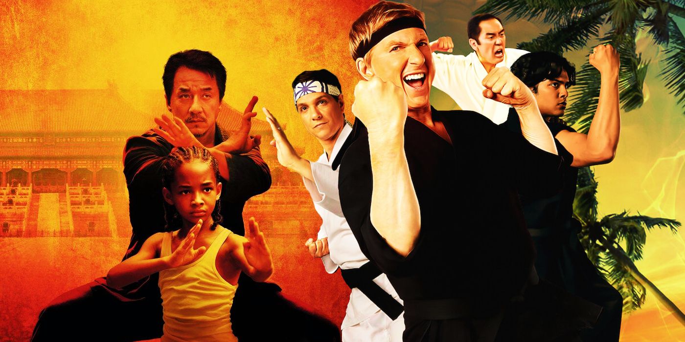 A blended image features Karate Kid 2010 stars Jackie Chan and Jaden Smith alongside Cobra Kai stars Ralph Macchio, William Zabka, Xolo Mariduena, and Yuji Okumoto