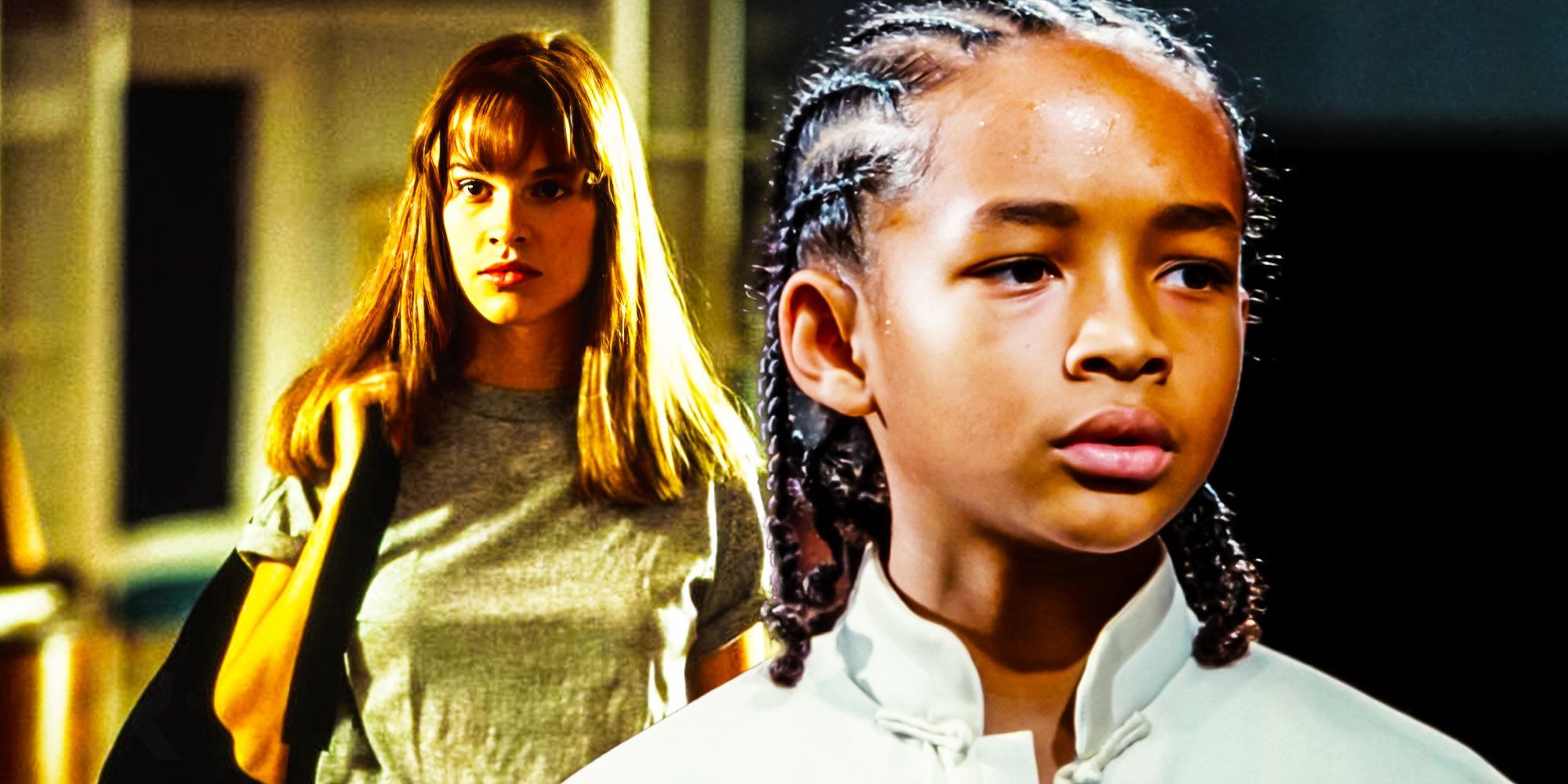 A blended image features Hilary Swank and Jaden Smith in their respective Karate Kid movies