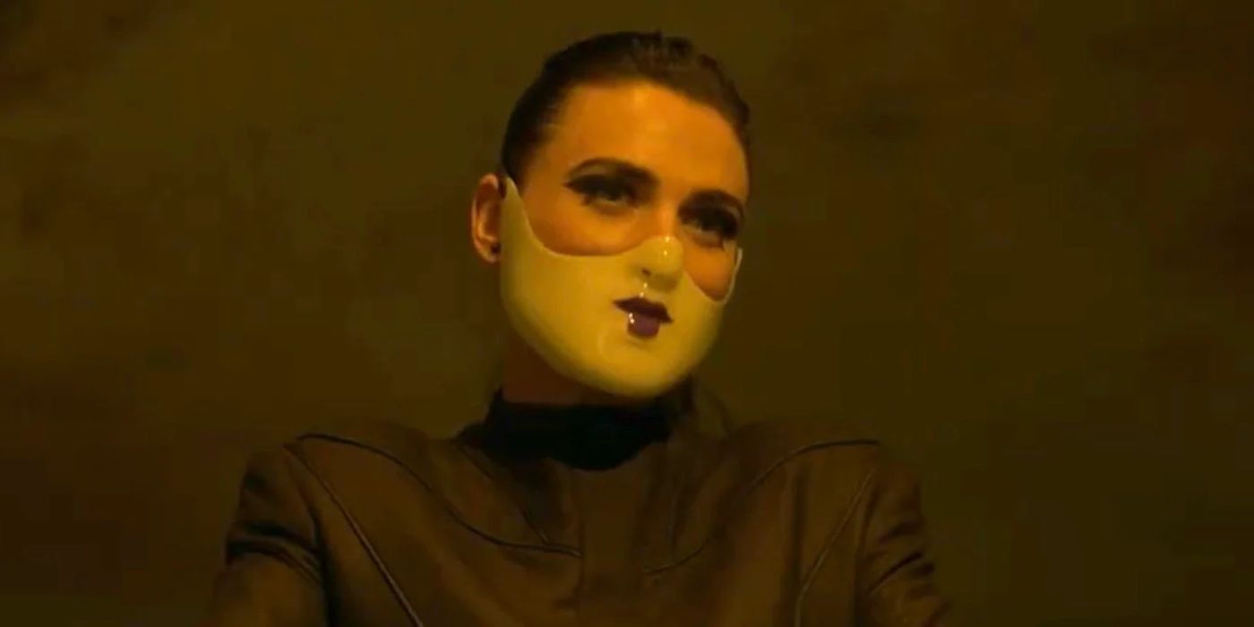 Katie McGrath as The Adjudicator with a porcelain mask in The Continental.