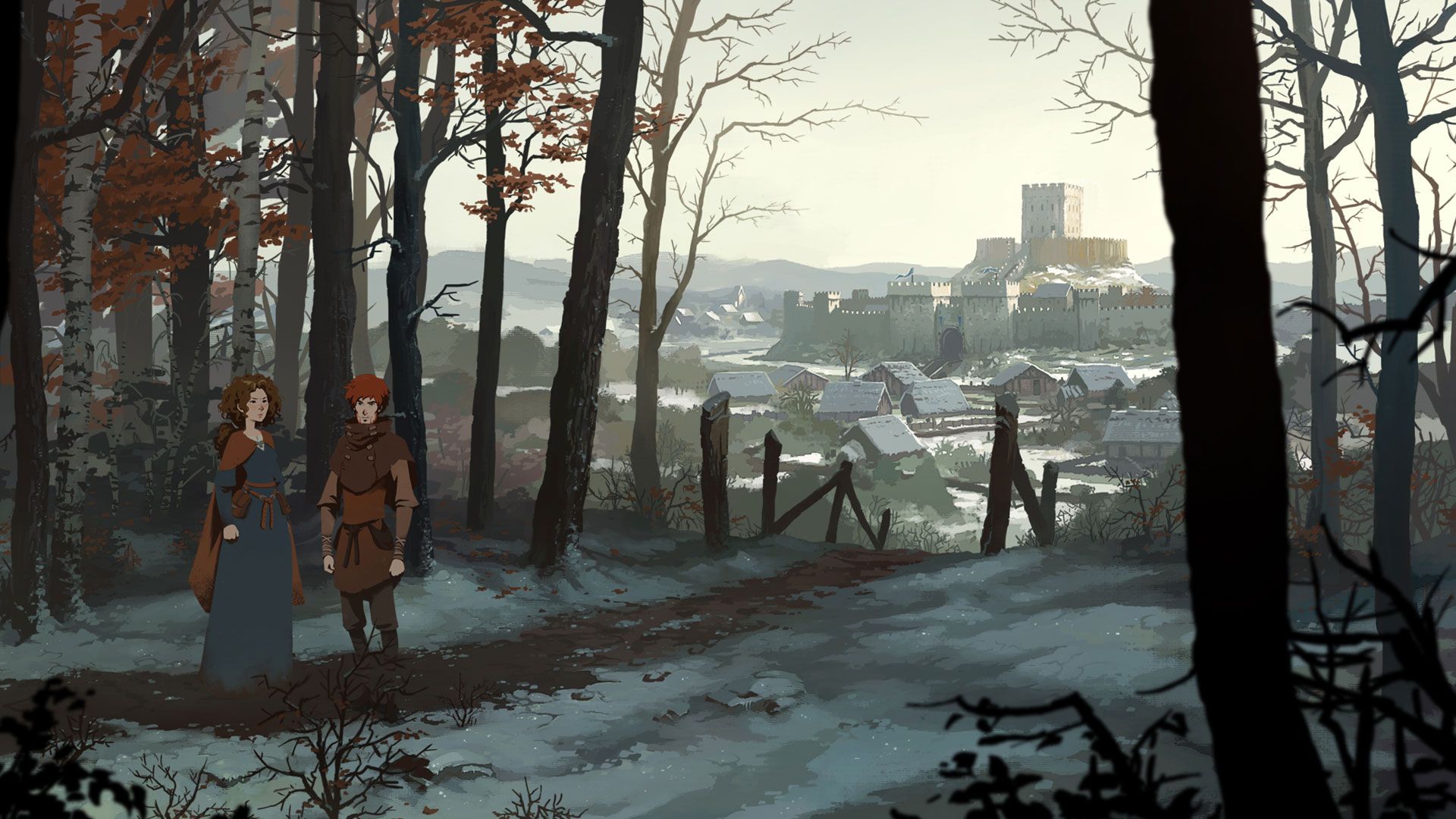 Tangkapan layar dari The Pillars of the Earth karya Ken Follett, menampilkan dua karakter di hutan dengan latar belakang kota