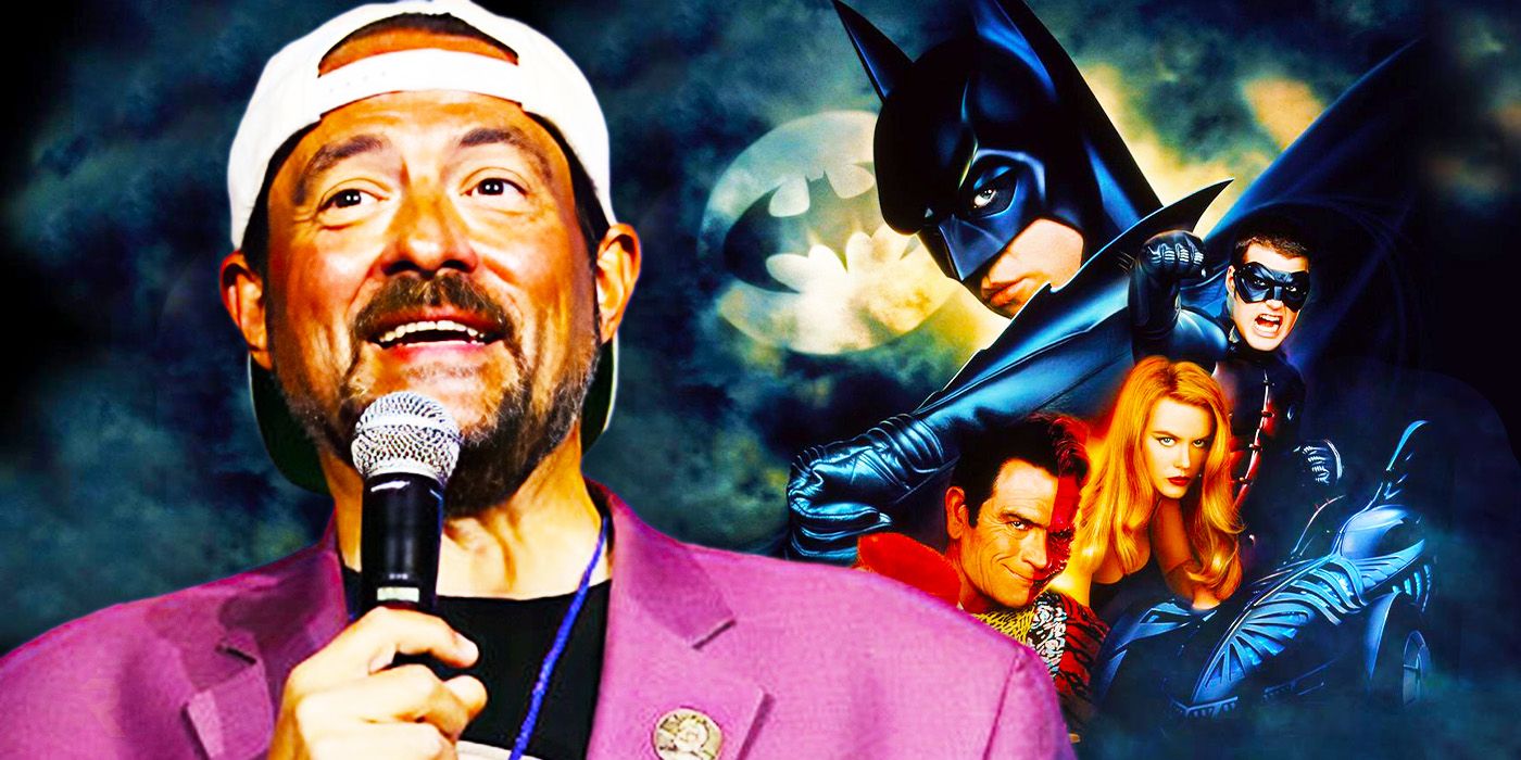 Kevin Smith in front of the Batman Forever poster