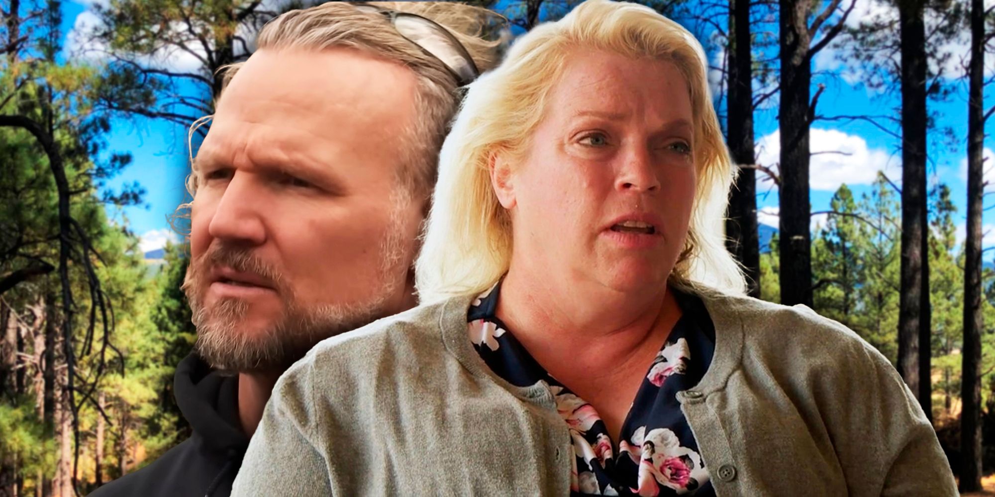 Kody and Janelle Brown from Sister Wives looking stressed with a forest background