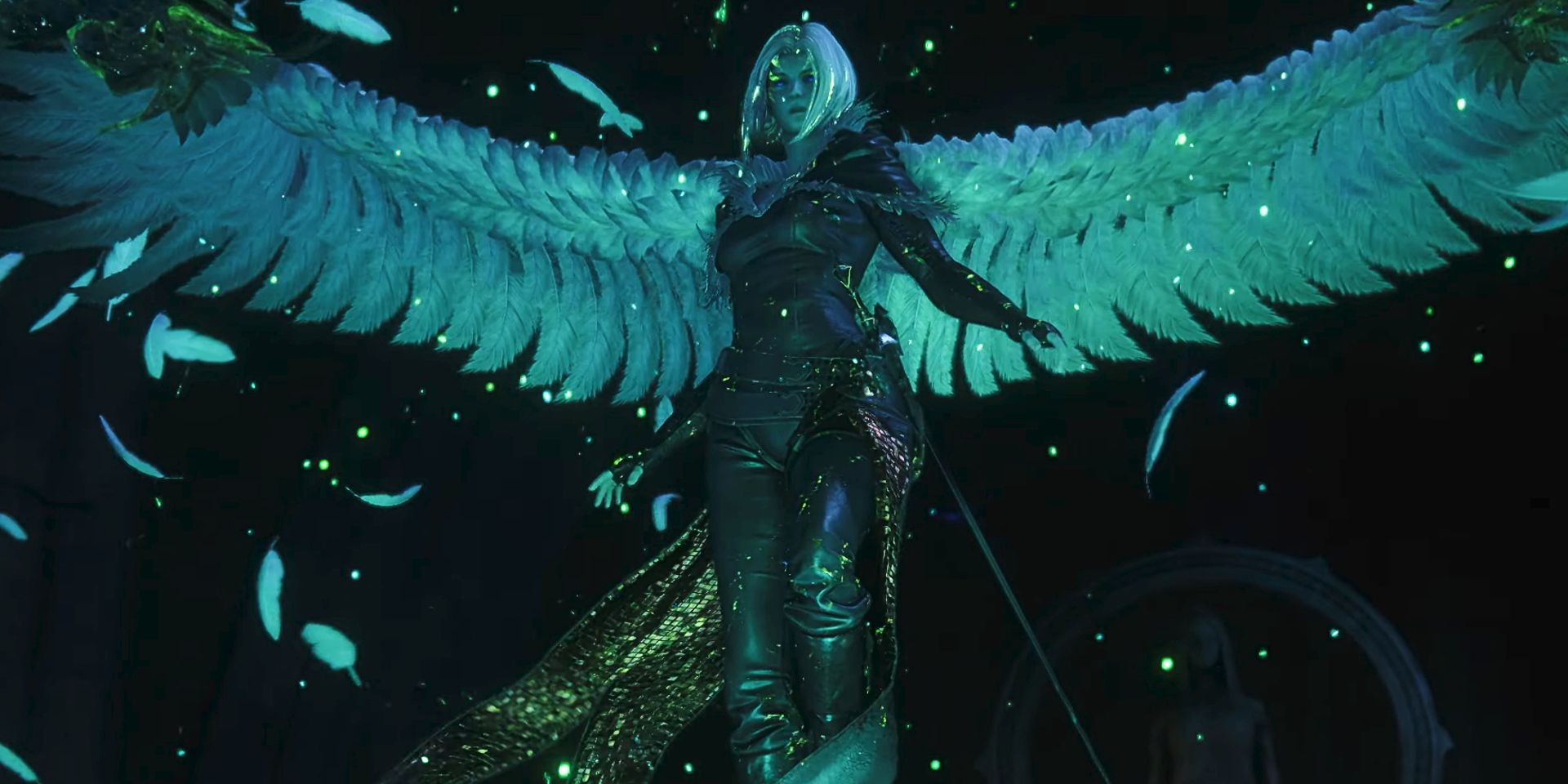 Benedikta rises into the air, borne aloft by Garuda&rsquo;s feathery wings, in Final Fantasy 16. She is surrounded by an ethereal green glow.
