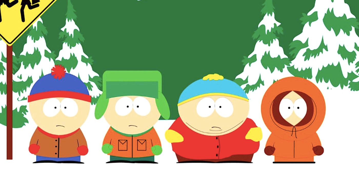 Kyle, Kenny, Stan, and Cartman at the bus stop in South Park