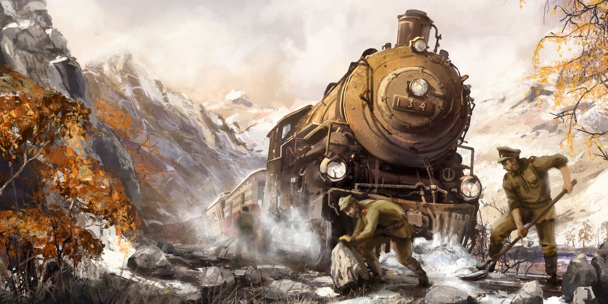 Art for Last Train Home shows soldiers working in front of a trains engine to clear the tracks while they are stuck in a mountain range.