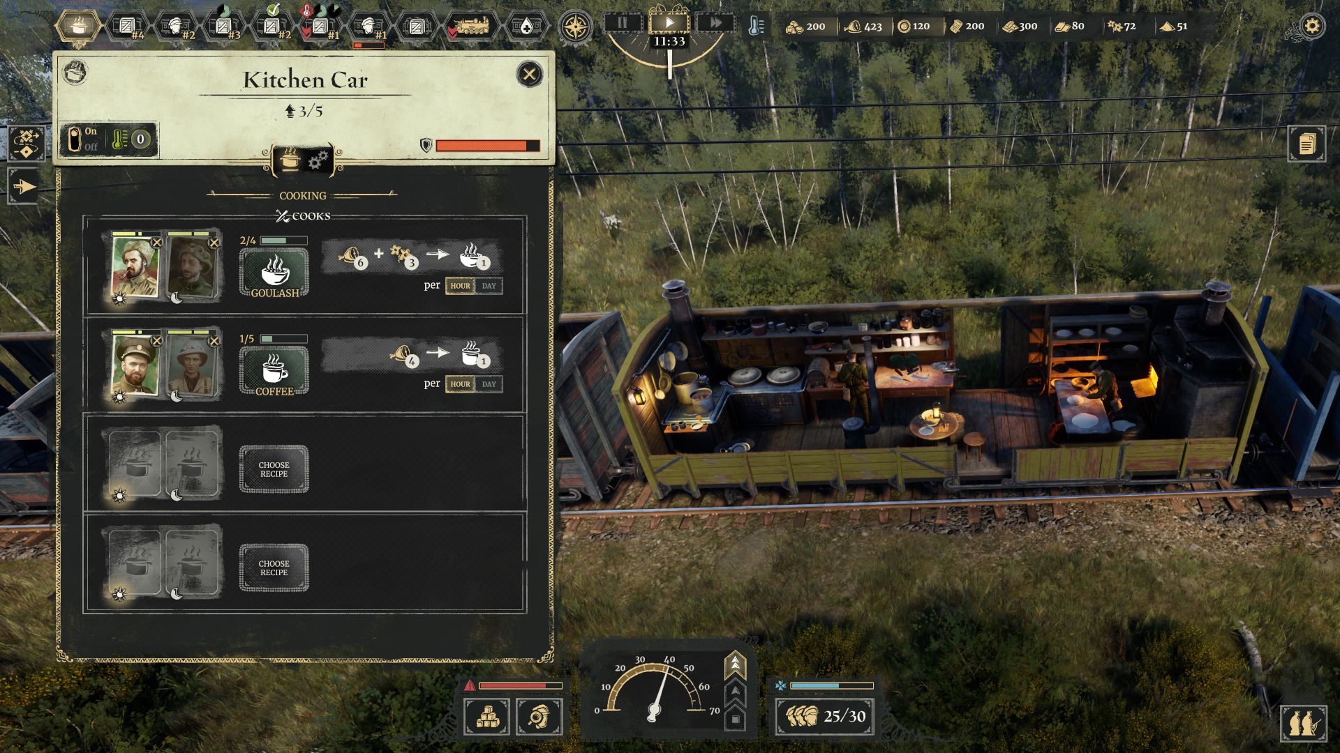 Cuplikan layar gameplay untuk Last Train Home menunjukkan gerbong kereta yang dikhususkan untuk menyiapkan makanan bagi tentara, dengan UI untuk menugaskan pekerjaan kepada tentara.