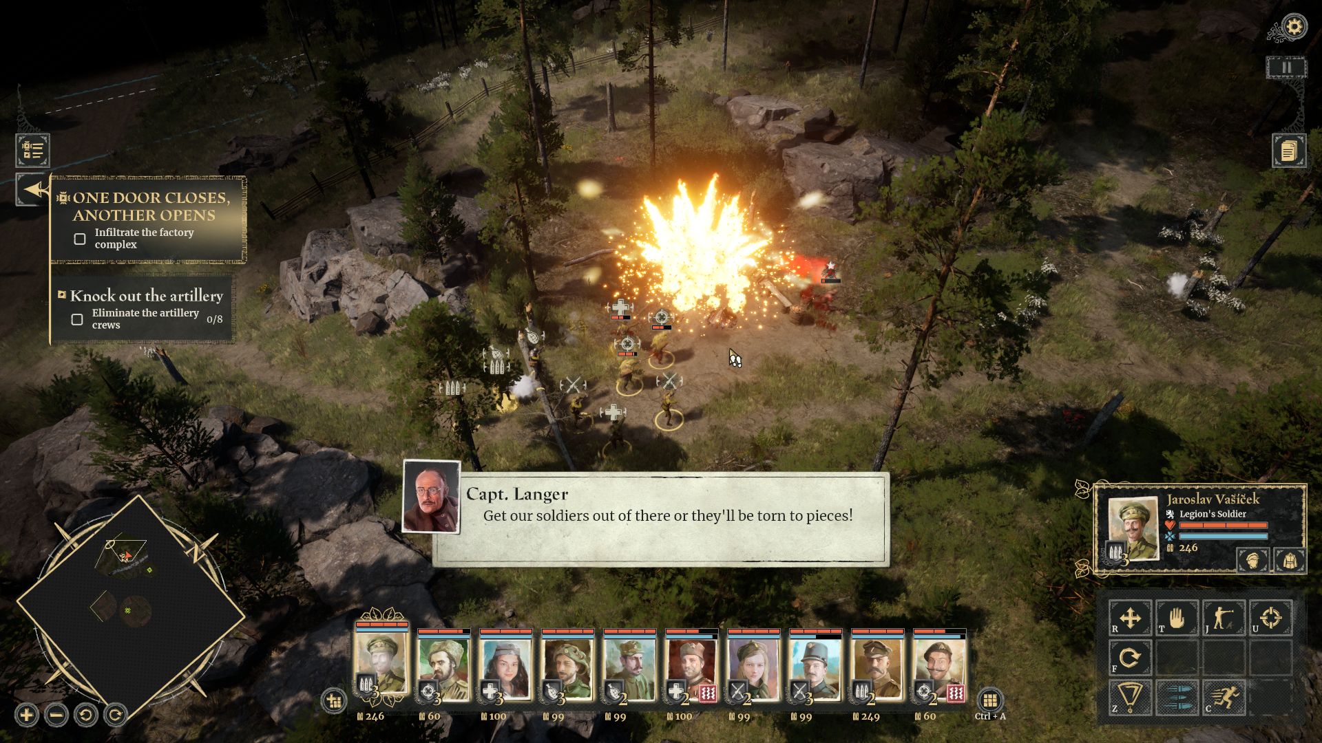 Cuplikan layar menunjukkan gameplay dari pertempuran Rumah Kereta Terakhir di sekitar selusin tentara dari kelas yang berbeda ditempatkan di sekitar ledakan di hutan, dengan bingkai ucapan Cpt mereka menyuruh mereka mundur.