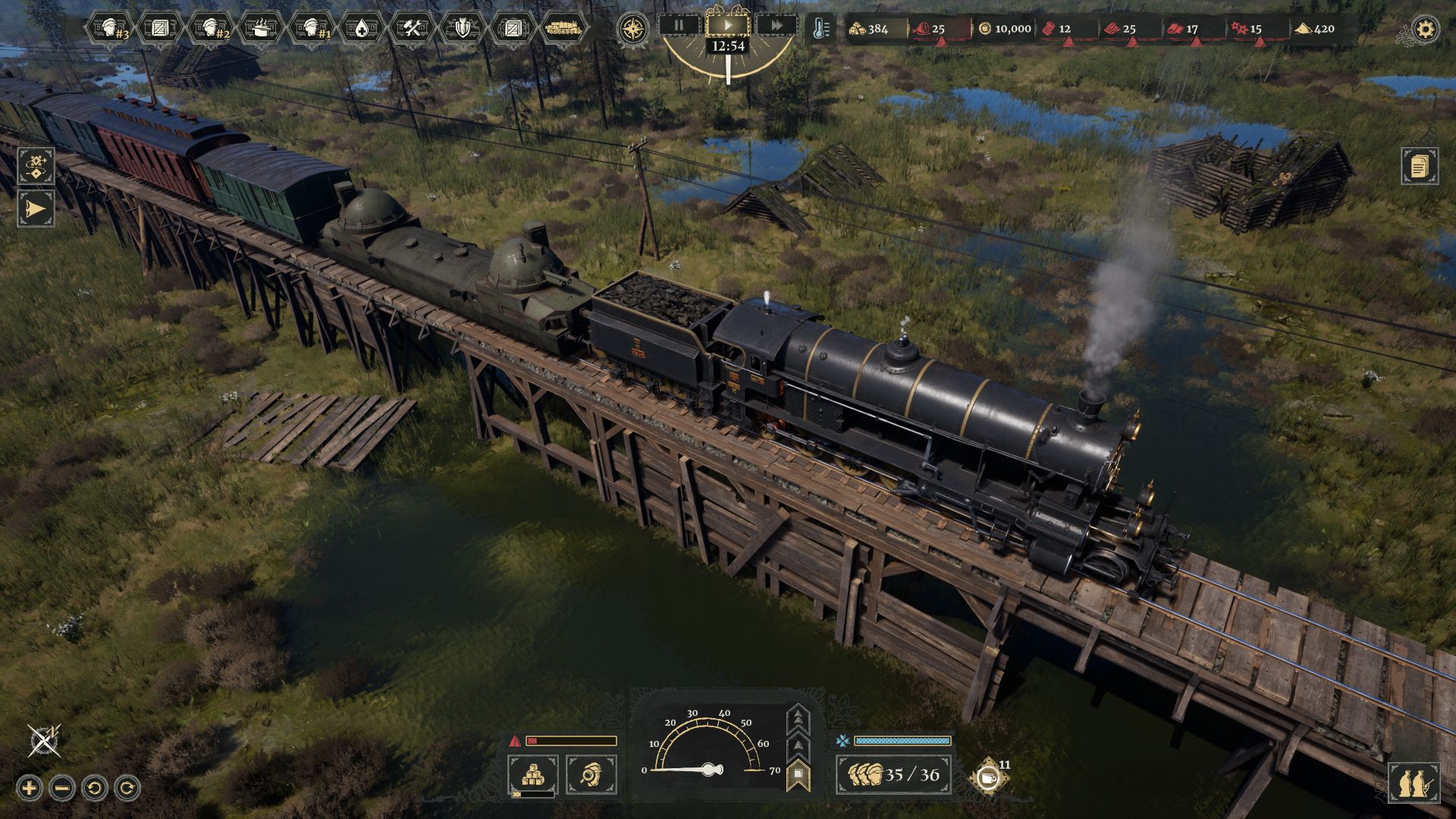 Tangkapan layar gameplay dari Last Train Home menunjukkan kereta lapis baja besar bergerak melintasi jembatan kayu.