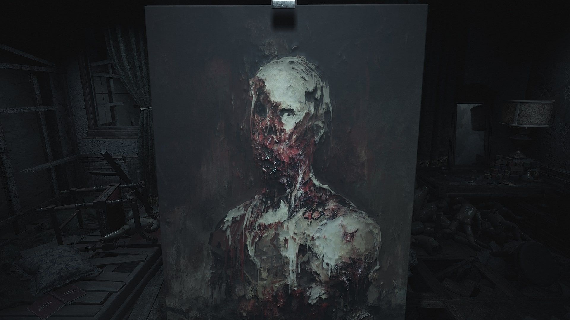 A painted portrait of a person with half of their face missing in the Painter&rsquo;s story in Layers of Fear.