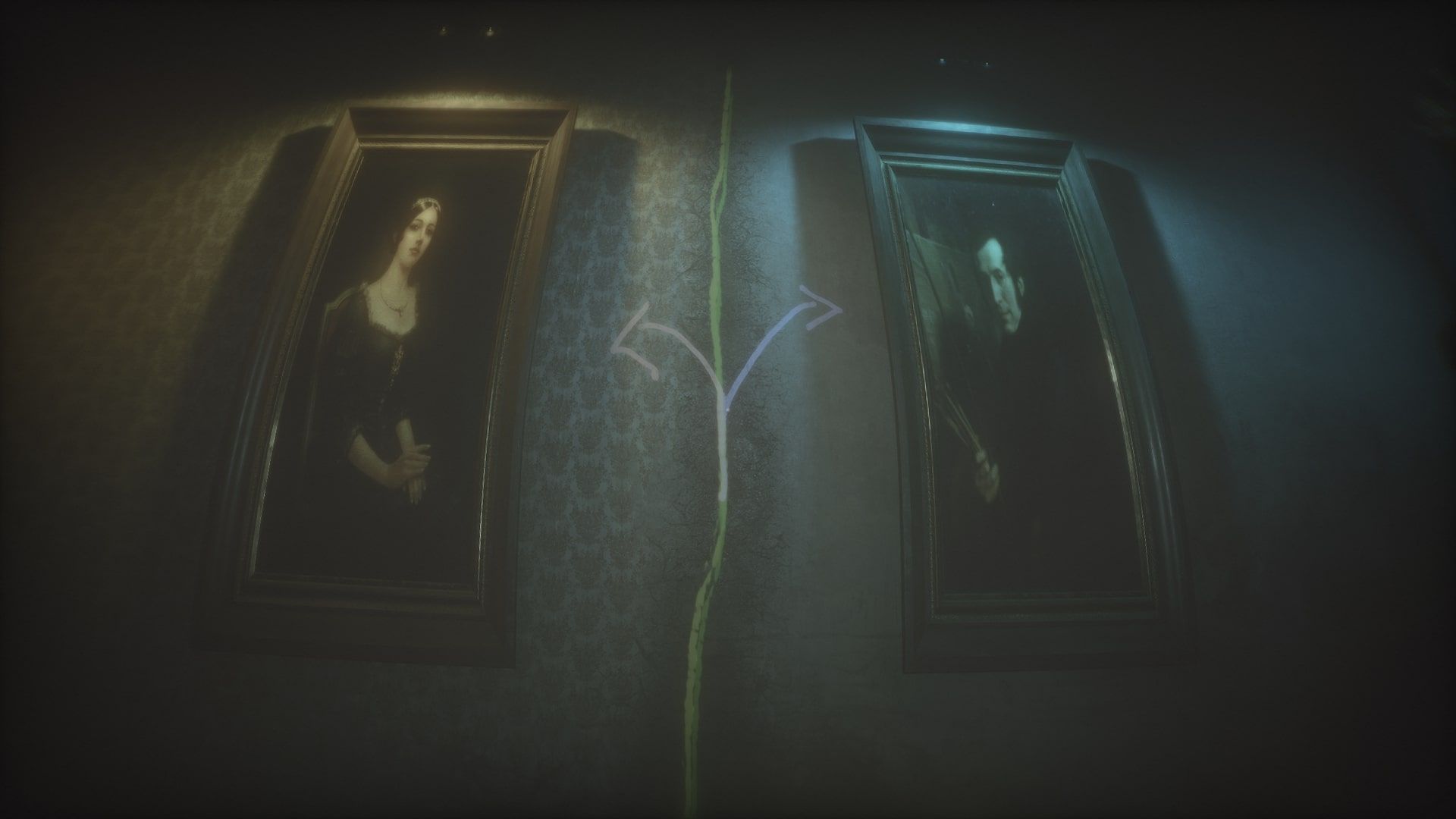 Portraits of the musician and painter, hanging on a wall through a distorted lens.