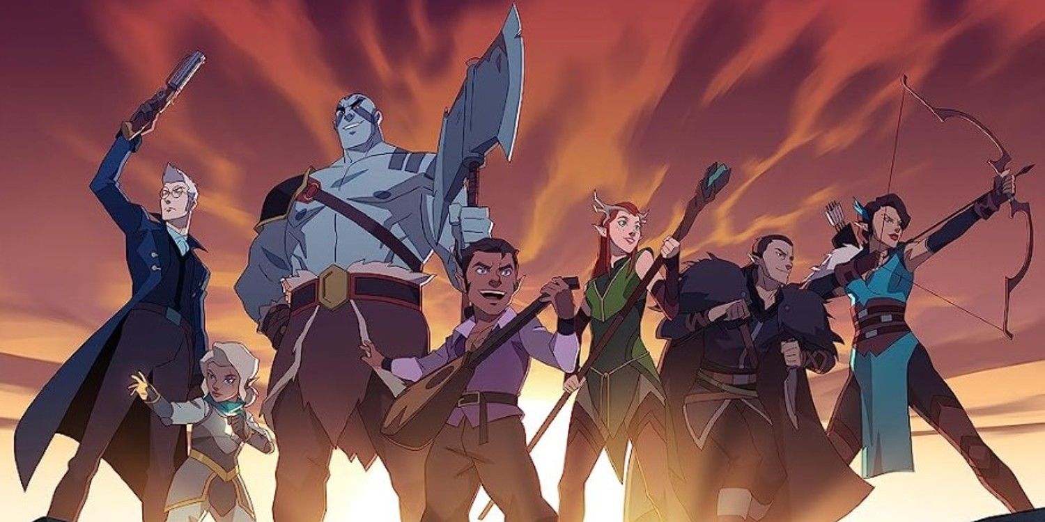 The main characters of Legend of Vox Machina holding weapons and ready to fight