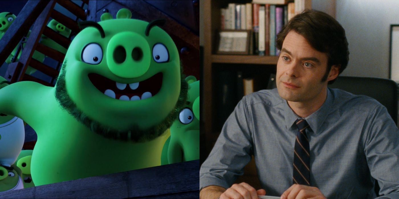 Leonard from The Angry Birds Movie is next to his voice actor Bill Hader.