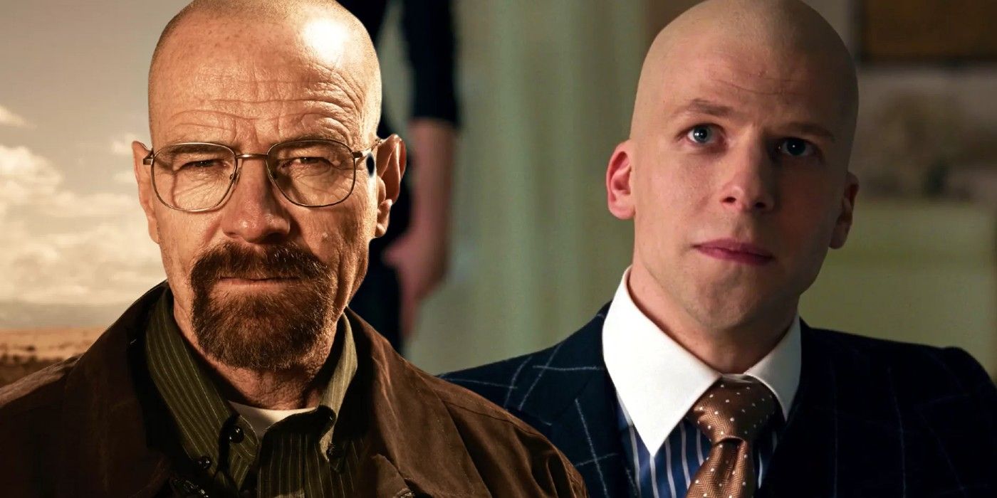 Montage of Bryan Cranston as Walter White and Jesse Eisenberg as Lex Luthor side by side.