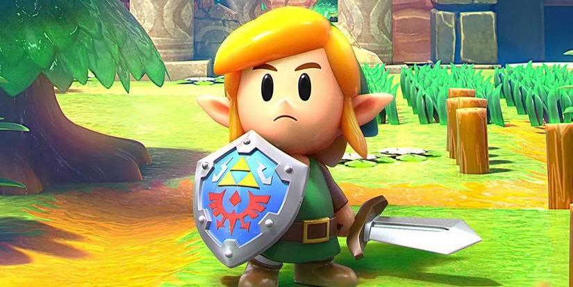 Link stands defiantly with a sword and shield in hand in The Legend of Zelda: Link's Awakening.