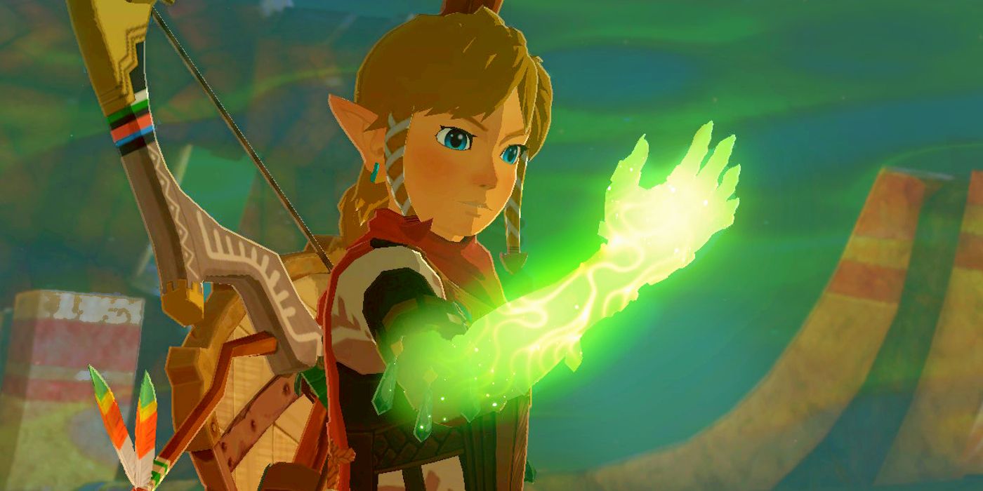 Link looking down at a glowing green arm in Tears of the Kingdom. There's green haze behind him.