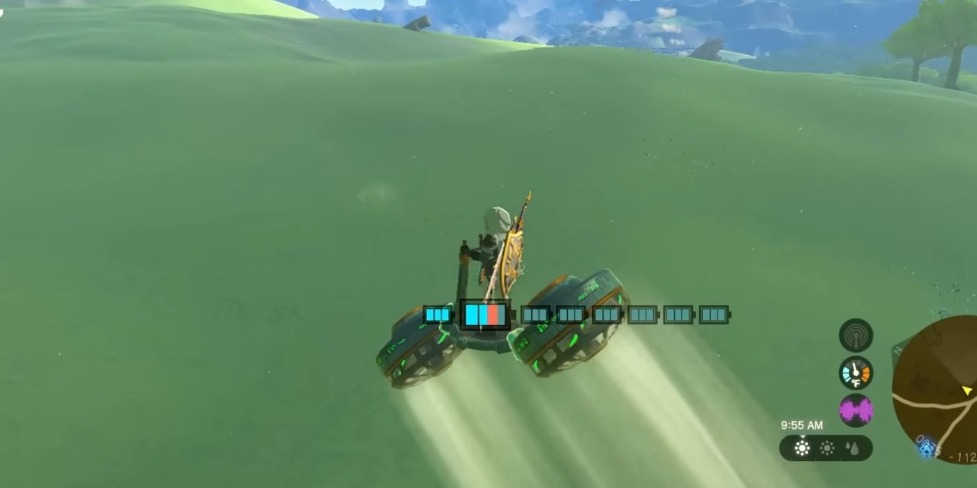 Link using an air bike in Tears of the Kingdom, hovering over a grassy field.