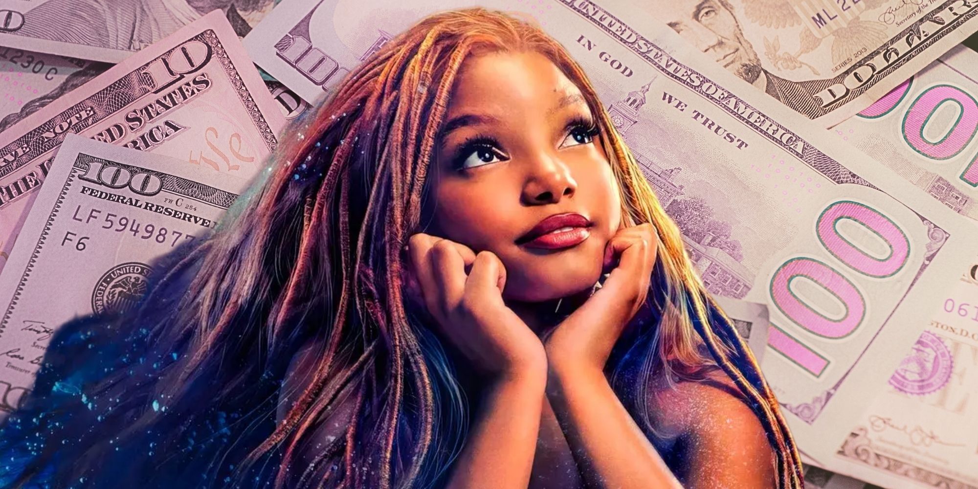 Halle Bailey as Ariel in front of a pile of money