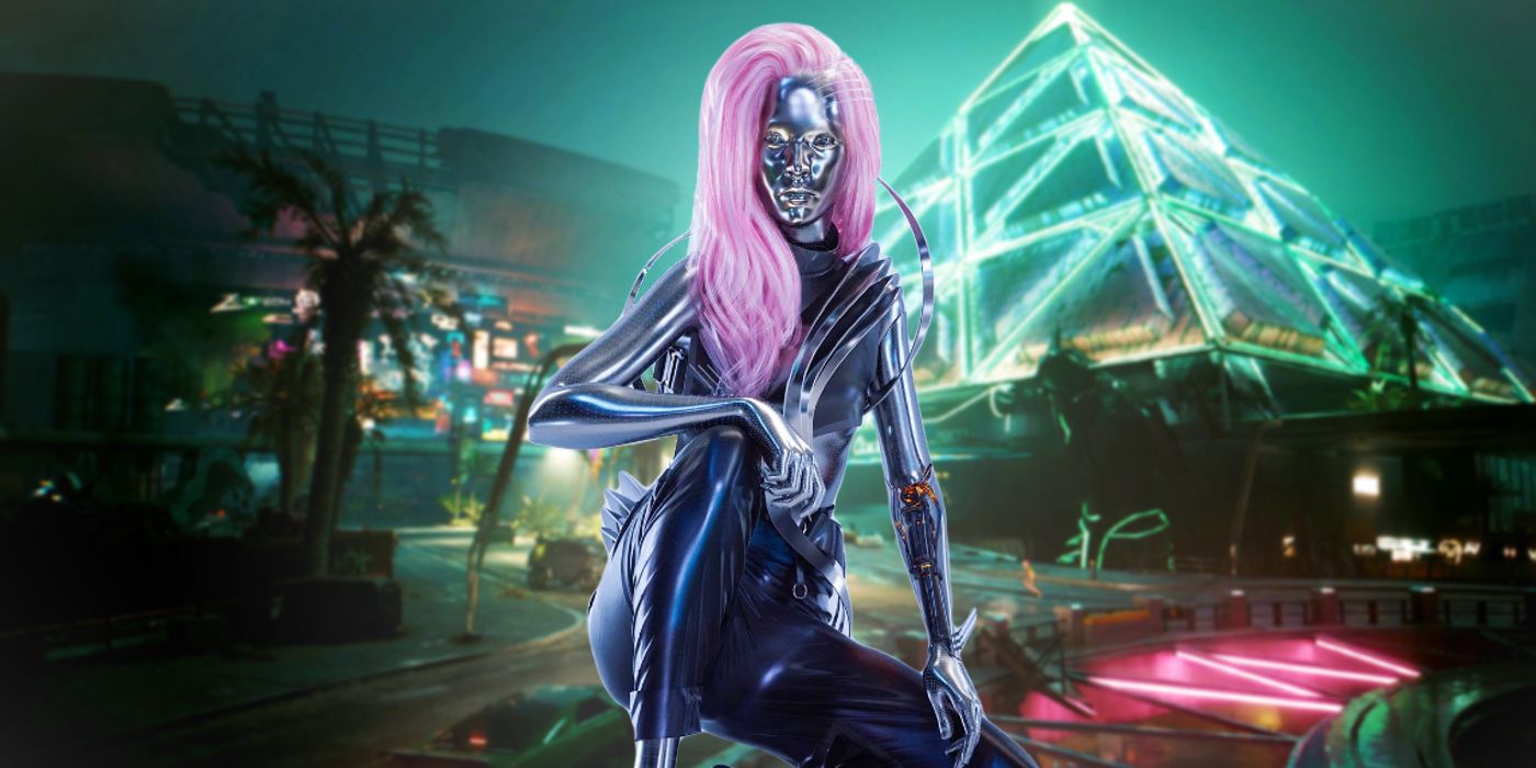Render Lizzy Wizzy dari Cyberpunk 2077 dengan latar belakang Dogtown dari Phantom Liberty.