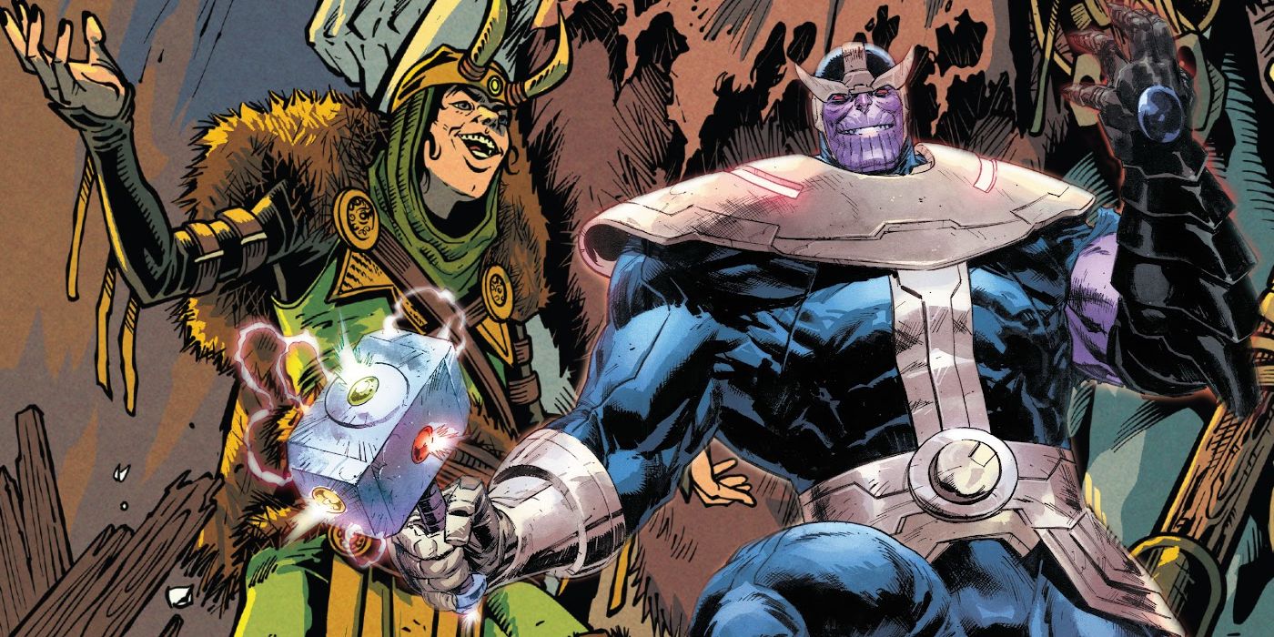 Loki ri enquanto Thanos brande a Joia do Infinito Negra.