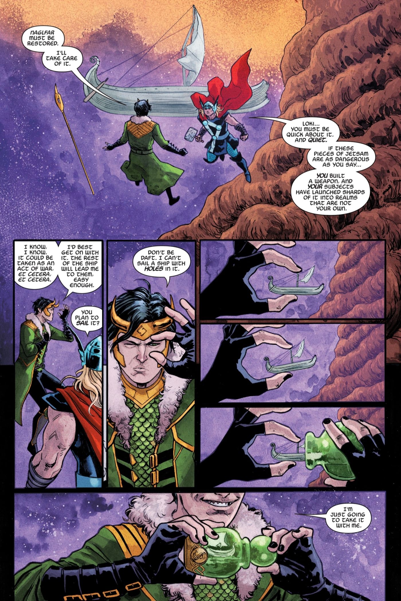 Loki shrinks a giant ship just by looking at it.